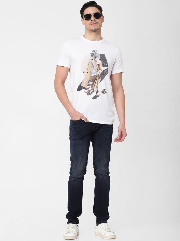White Digital Print Crew Neck T-Shirt