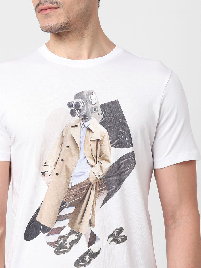 White Digital Print Crew Neck T-Shirt