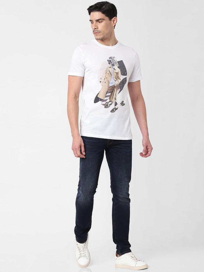 White Digital Print Crew Neck T-Shirt